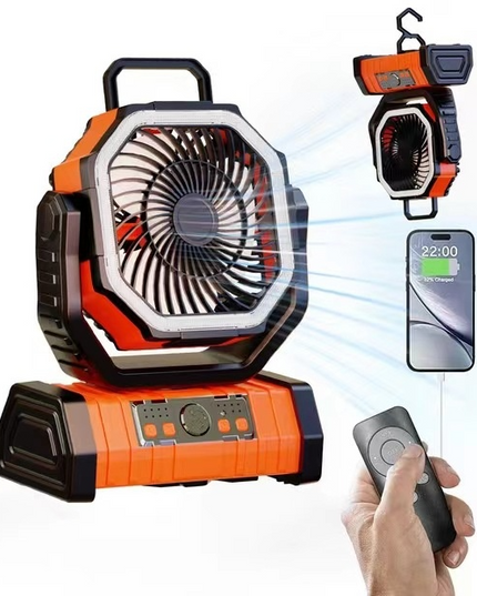 3-in-1 camping fan with LED light and power bank