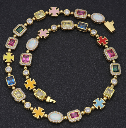 Gold-Plated Hip-Hop Gemstone Necklace – Statement Chain